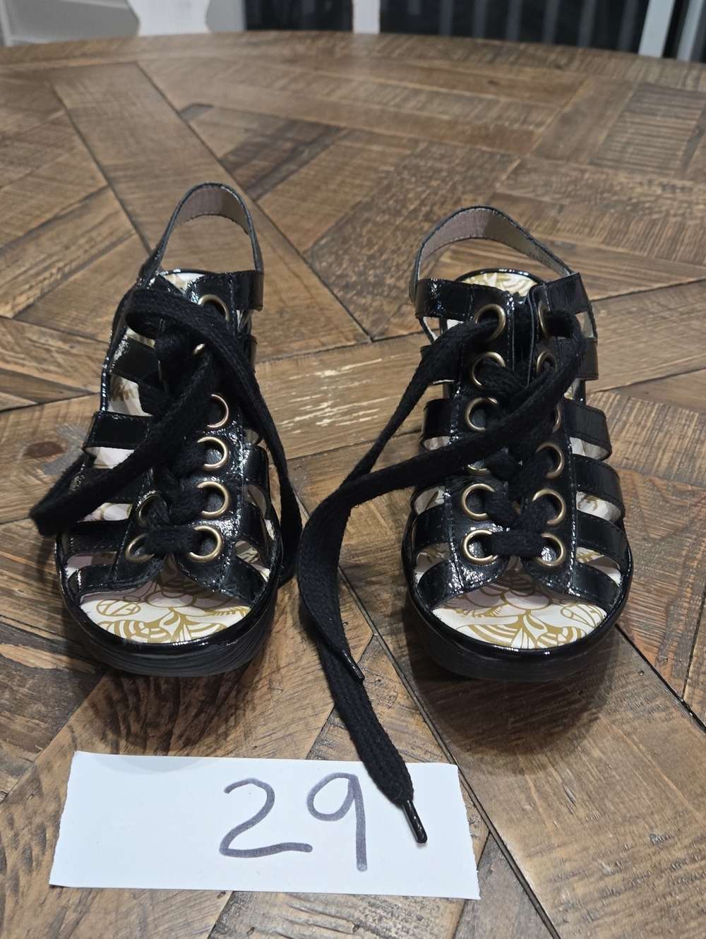 FLY London Yito black patent leather caged lace-up wedge sandals 36-6